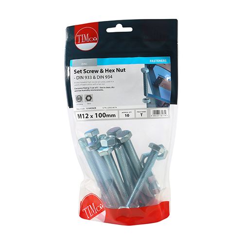 TIMCO Set Screw & Hex Nut - BZP M12 x 100 Silver Pack 10