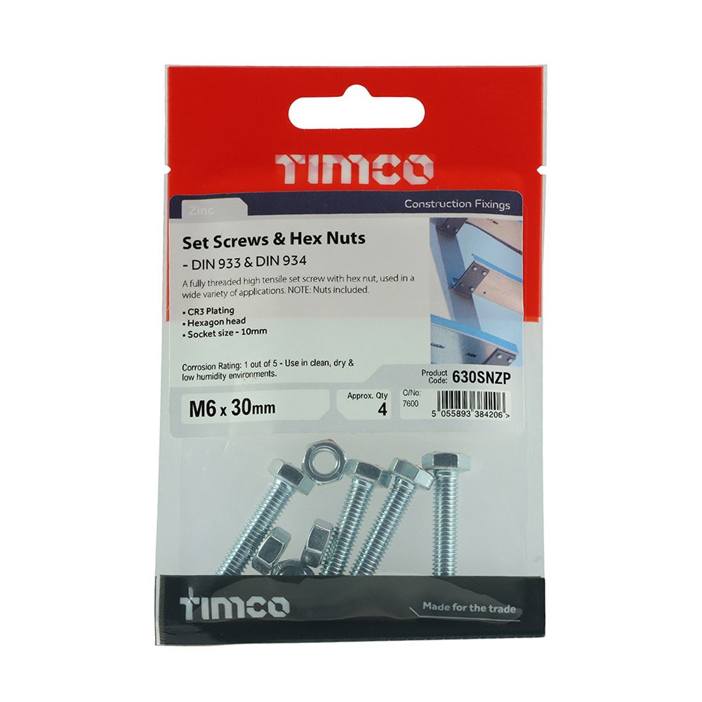 TIMCO Set Screw & Hex Nut - BZP M6 x 30 Silver Pack 4