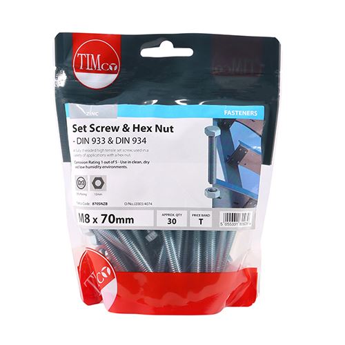 TIMCO Set Screw & Hex Nut - BZP M8 x 70 Silver Pack 30
