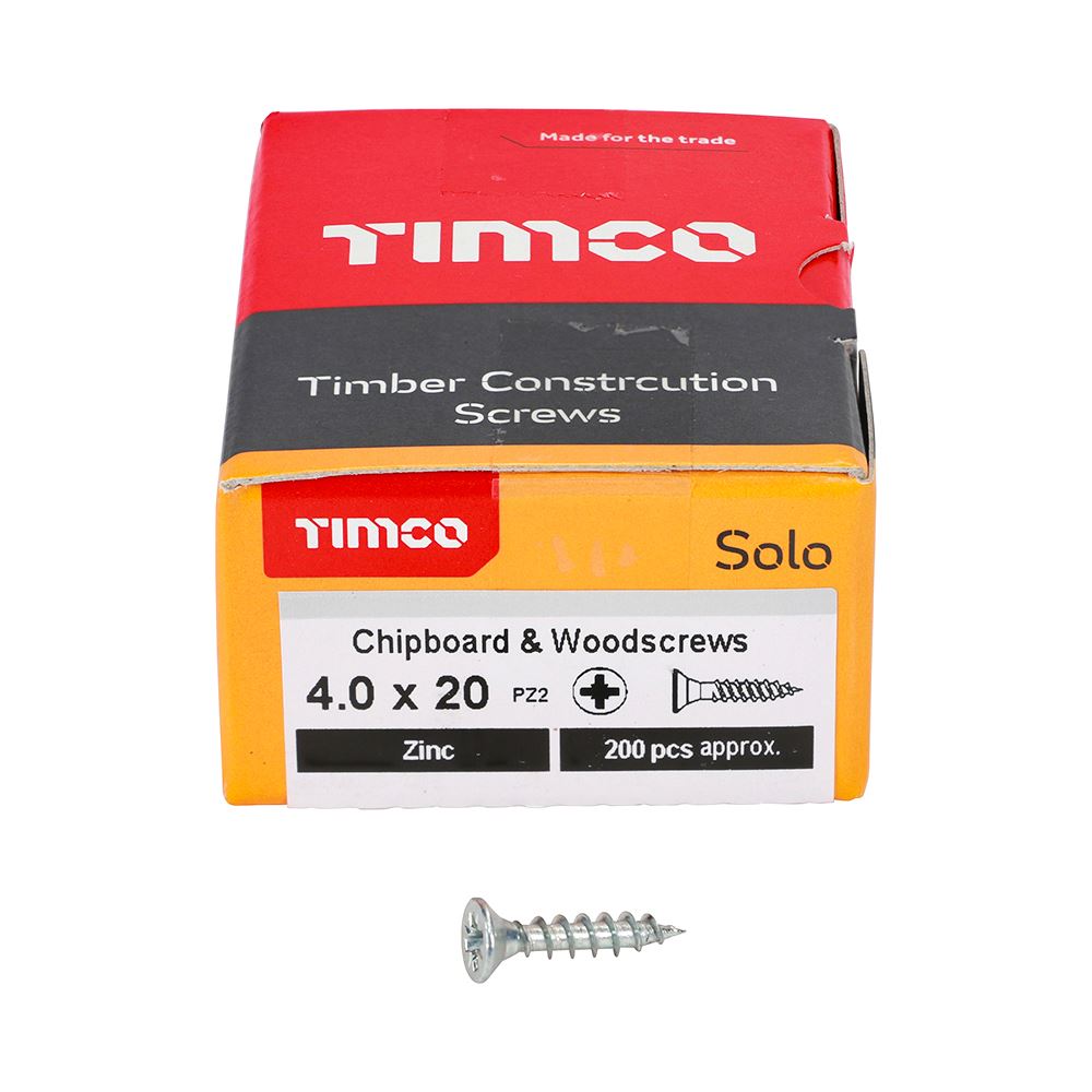 TIMCO Solo Woodscrew PZ2 CSK Zinc 4.0 x 20 Silver Pack 200