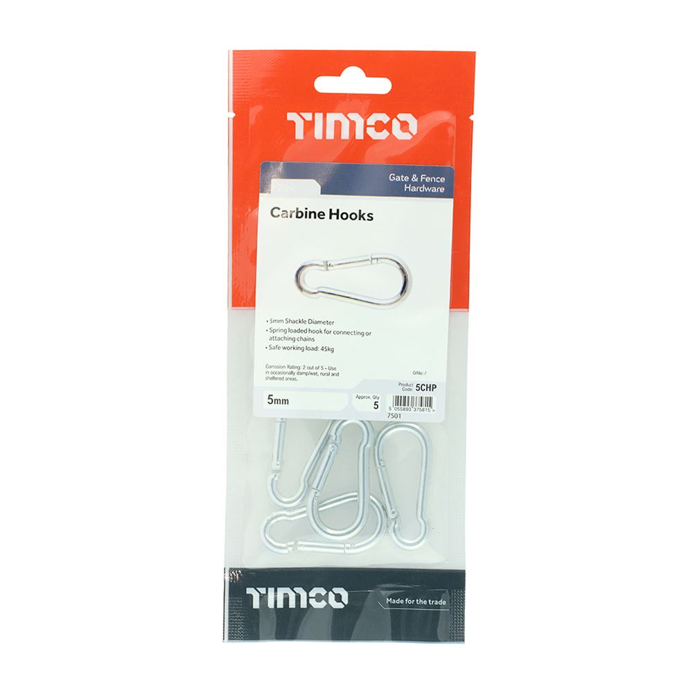 TIMCO Carbine Hook Zinc 5mm Silver Pack 5