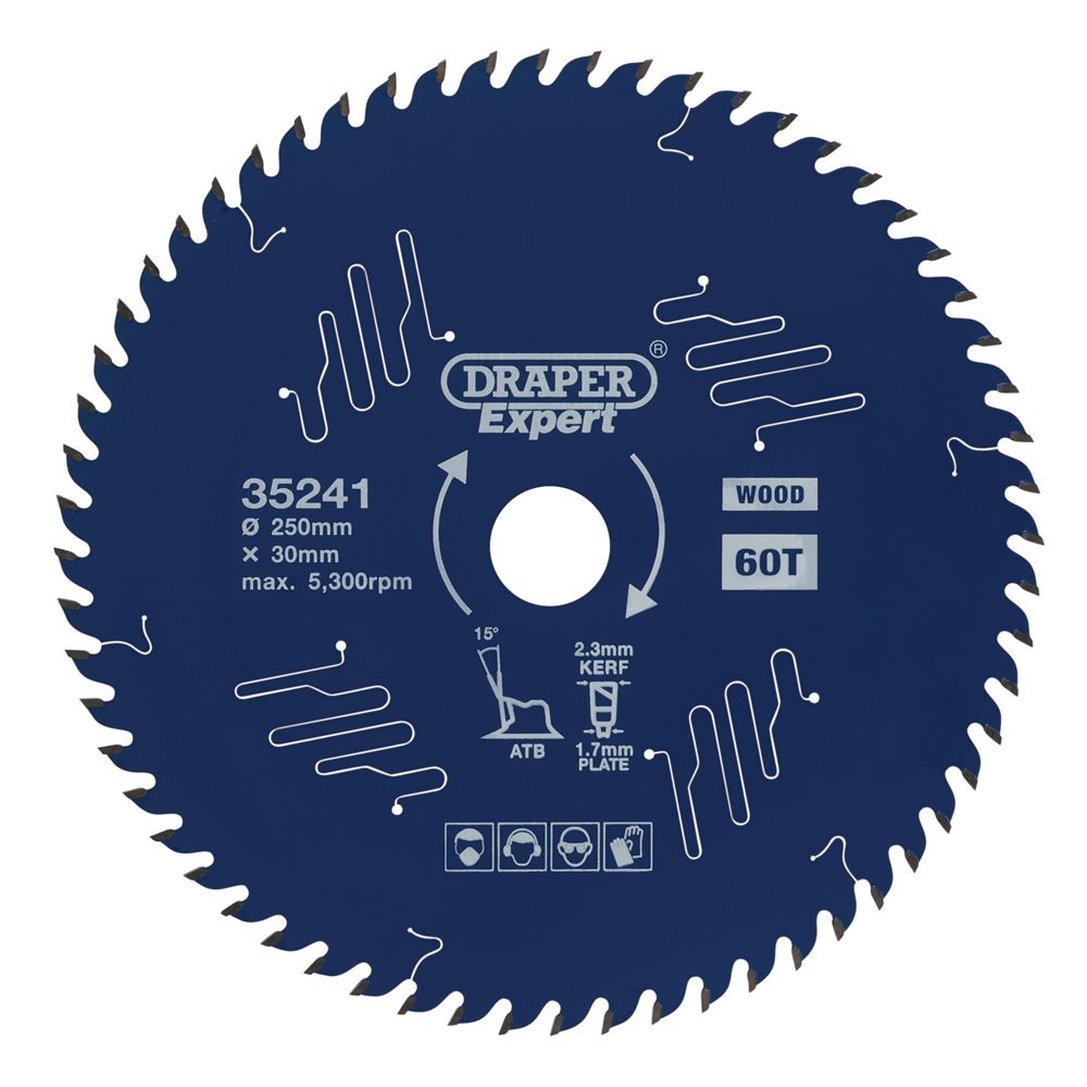 Draper TCT SAW BLADE 250MM 60T 35241 TCT Circular Saw Blade for Wood with PTFE Coating