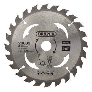 20603 Draper TCT Circular Saw Blade for Wood, 165 x 20mm, 24T SBW1 Circular Saw Blades Steel with TCT teeth Professional Trade DIY Workshop Garage U