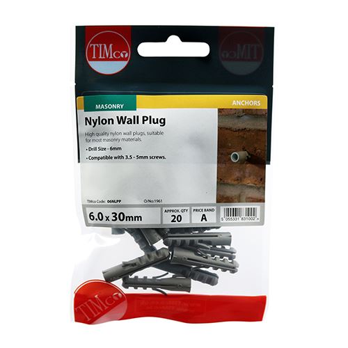 TIMCO Nylon Plug 6.0 x 30 Pack 20