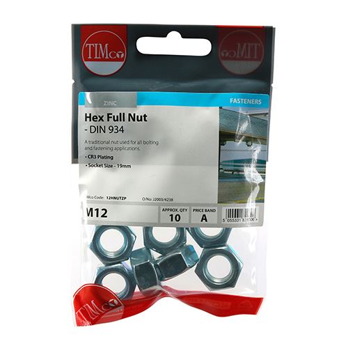 TIMCO Hex Nut DIN 934 - BZP M12 Silver Pack 10