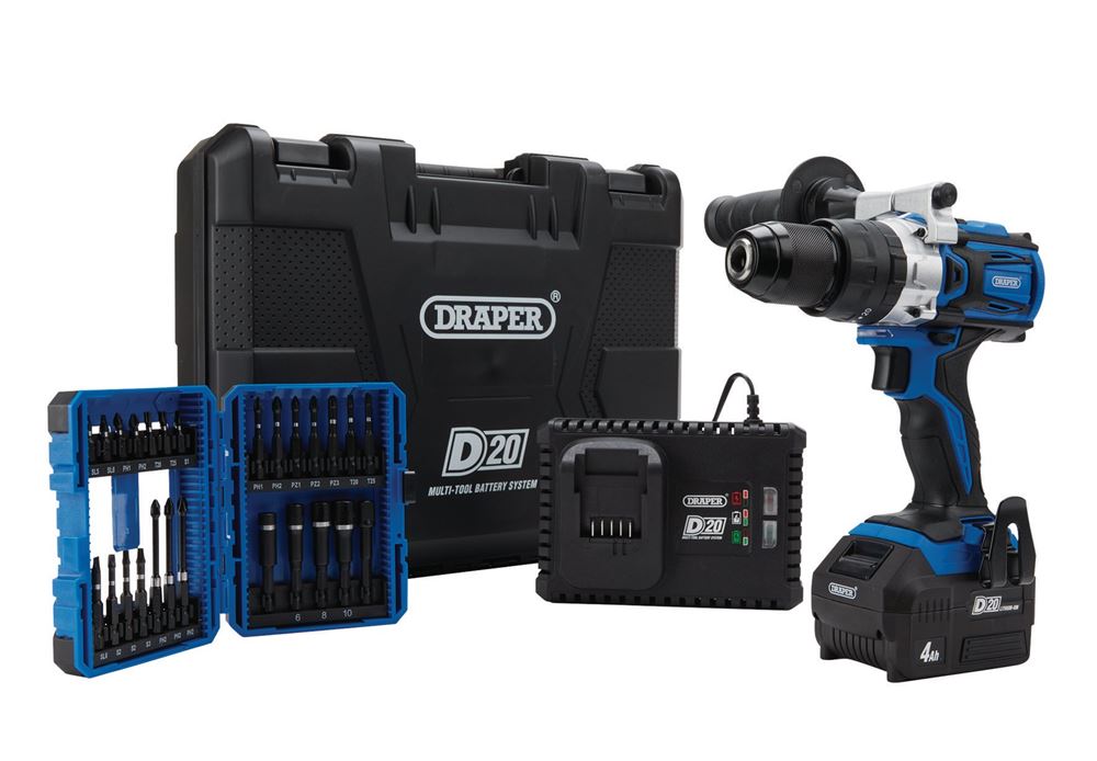 Draper D20 COMBI & BIT COMBO 04790 D20 20V Brushless Combi Drill Kit & Impact Screwdriver Bit Set (26 Piece)