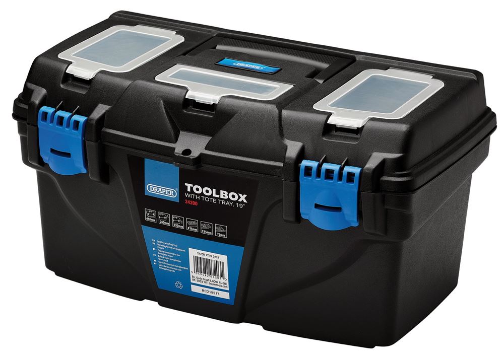 Draper 19" PLASTIC TOOLBOX WITH TRAY Plastic Toolboxes with Tote Tray