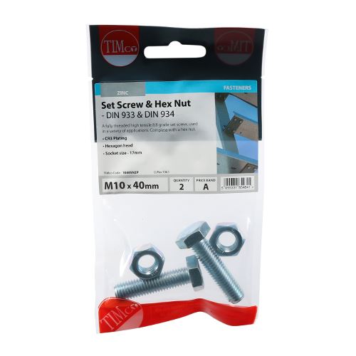 TIMCO Set Screw & Hex Nut - BZP M10 x 40 Silver Pack 2
