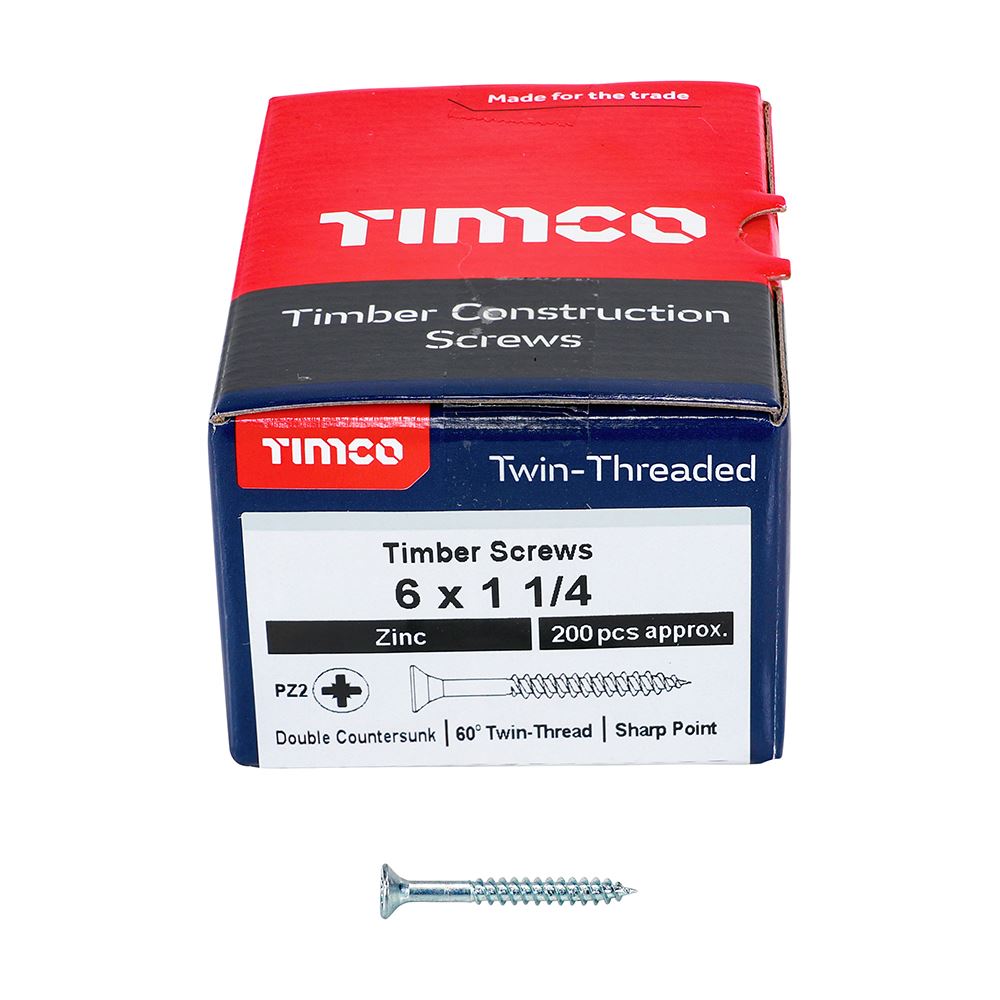 TIMCO Twin Woodscrew PZ2 CSK Zinc 6 x 1 1/4 Silver Pack 200