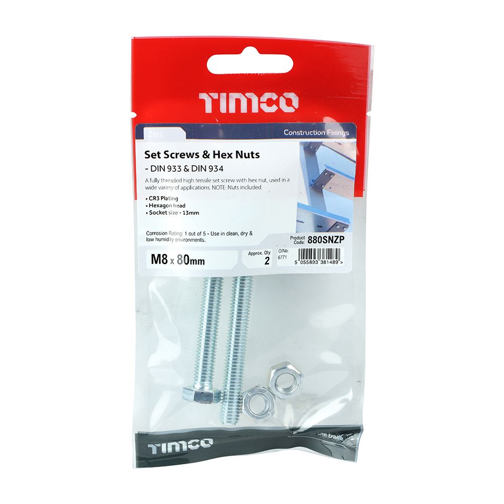 TIMCO Set Screw & Hex Nut - BZP M8 x 80 Silver Pack 2