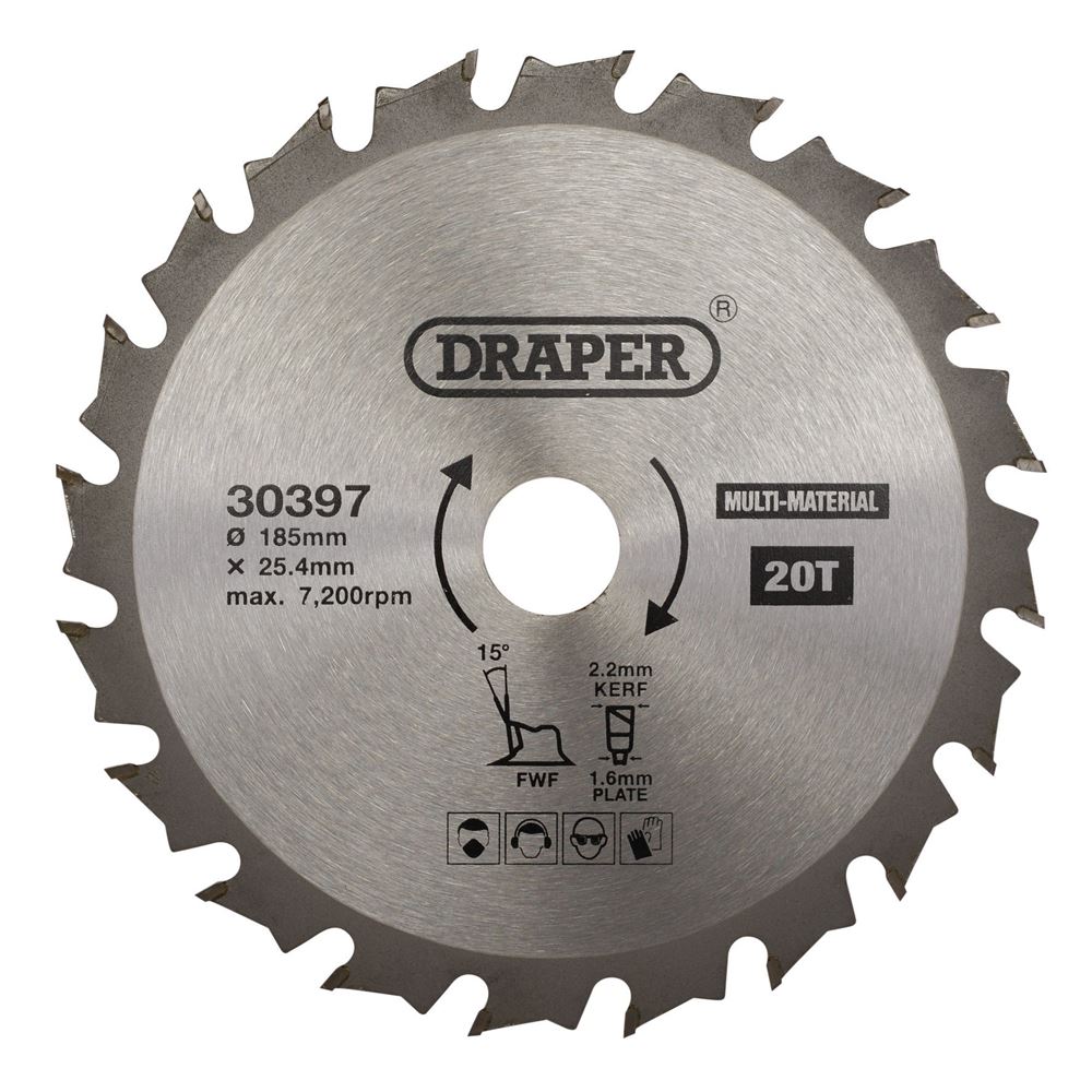 Draper TCT SAW BLADE 185MM 20T MULTI 30397 TCT Multi-Purpose Circular Saw Blade, 185 x 25.4mm