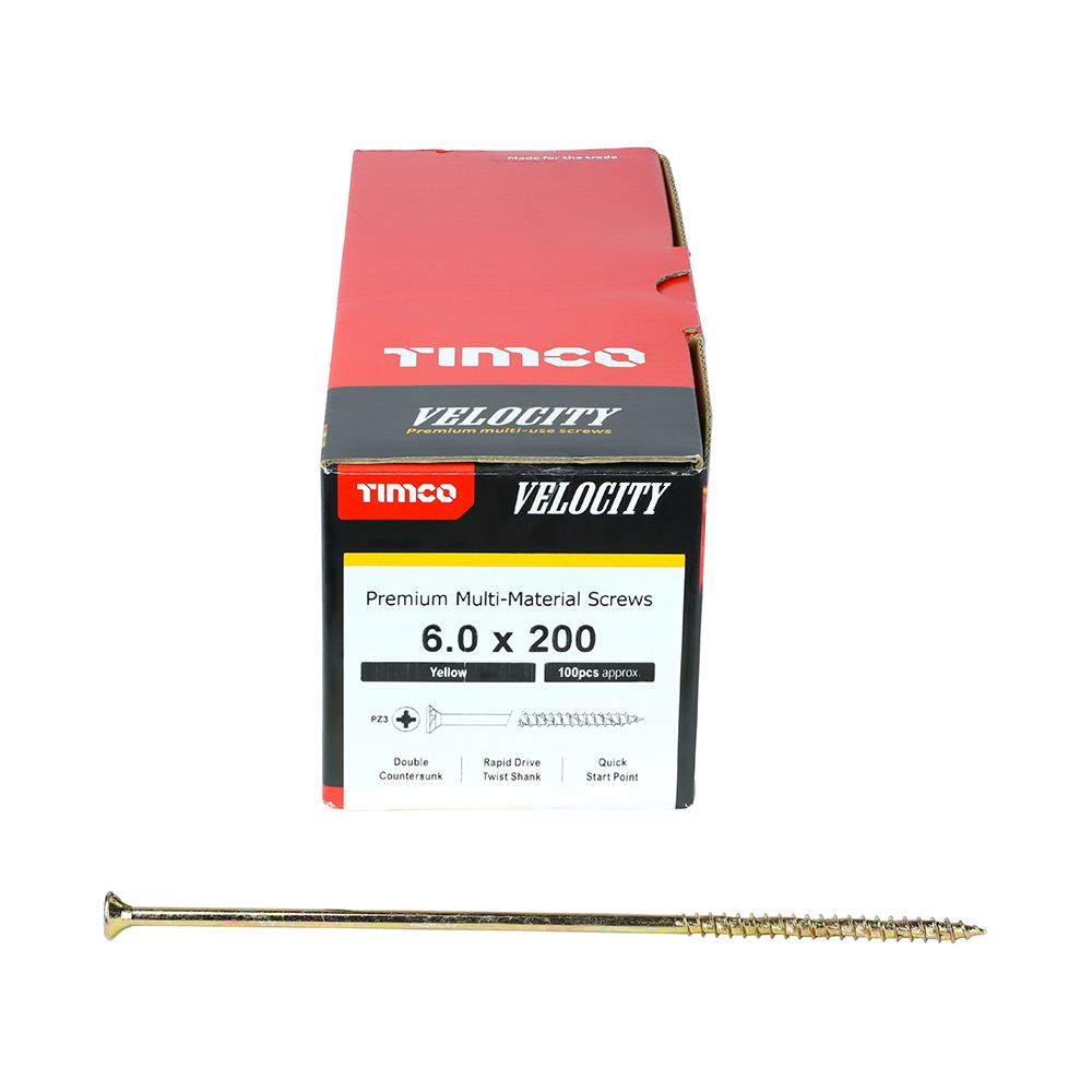 TIMCO Velocity Screw PZ3 CSK ZYP 6.0 x 200 Gold Pack 100