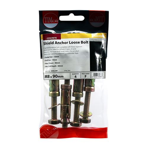 TIMCO Shield Anchor Loose Bolt - ZYP M8:40L (M8 x 90) Gold Pack 4