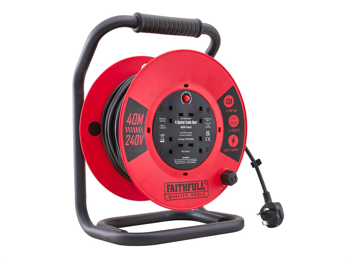 Faithfull 40m Heavy Duty Cable Reel 240V 13A 4 Socket 1.25mm Professional Trade DIY Workshop Equipment