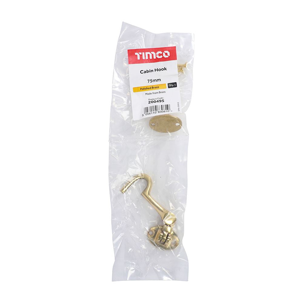 TIMCO Cabin Hook Pol. Brass 75mm Pack 1