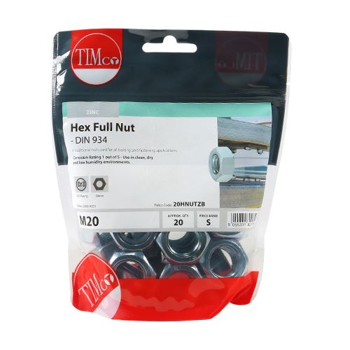 TIMCO Hex Nut DIN 934 - BZP M20 Silver Pack 20