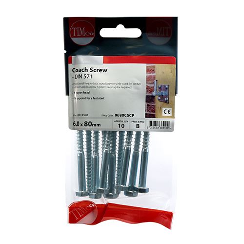 TIMCO Coach Screws Hex Head Silver - 6.0 x 80 TIMpac OF 10 - 0680CSCP