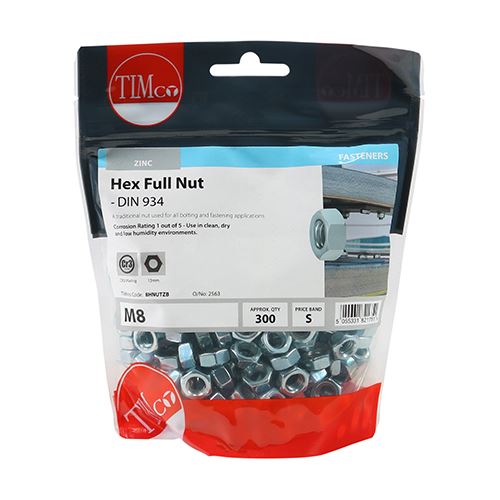 TIMCO Hex Nut DIN 934 - BZP M8 Silver Pack 300