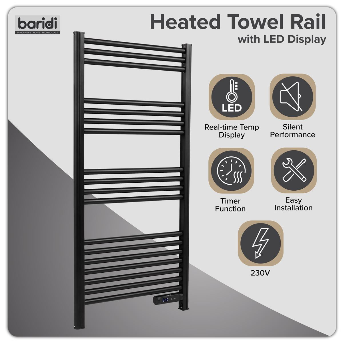 Baridi DH371 Electric Heated Towel Rail 1085 x 535mm with LED Display - Black | 425W, 230V - 50HZ, Overheat Protection | LED temperature display.
