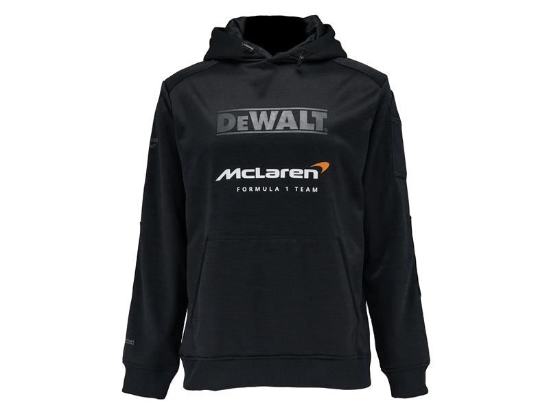 DeWalt McLaren F1 Team Black Water Resistant Polyester Work Hoodie Large Regular Fit with Hood, Kangaroo Pouch and Phone Pocket