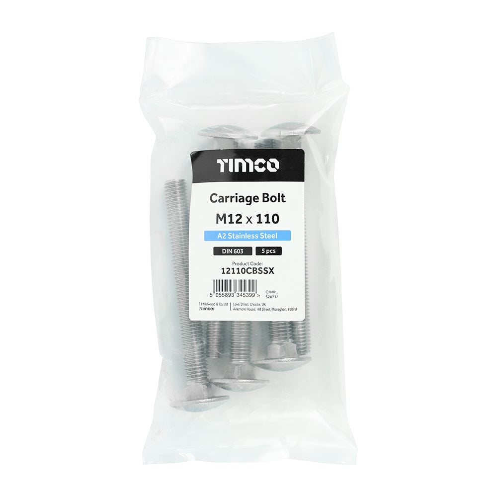 TIMCO Carriage Bolt DIN 603 A2 SS M12 x 110 Pack 5