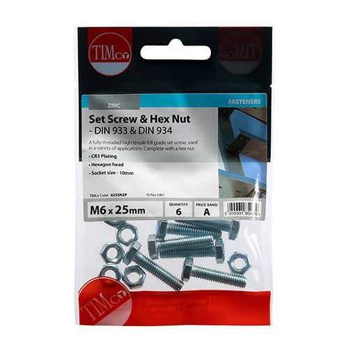 TIMCO Set Screw & Hex Nut - BZP M6 x 25 Silver Pack 6