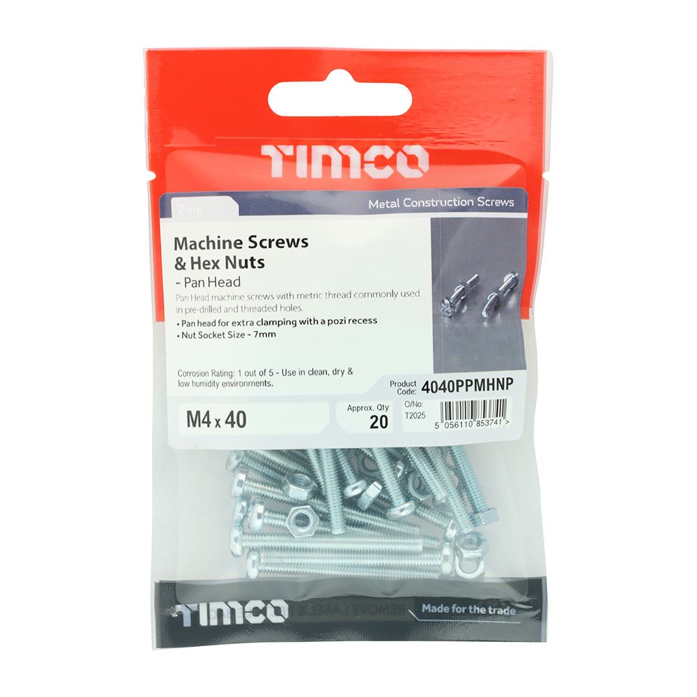 TIMCO Machine Screw & Nut PAN - BZP M4 x 40 Silver Pack 20