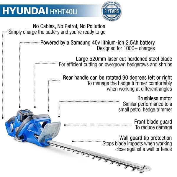 Hyundai HYHT40LI Cordless Hedge Trimmer 40V Li-Ion Battery & Charger Hedge Cutter Garden Trimmer Garden Hedge Cutter