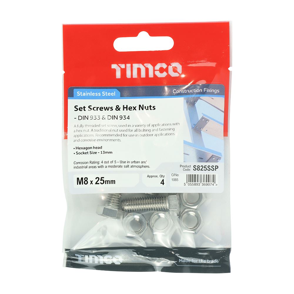 TIMCO Set Screw & Hex Nut - A2 SS M8 x 25 Silver Pack 4