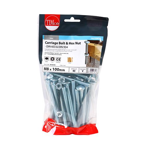TIMCO Carriage Bolt & Hex Nut - BZP M8 x 100 Silver Pack 40