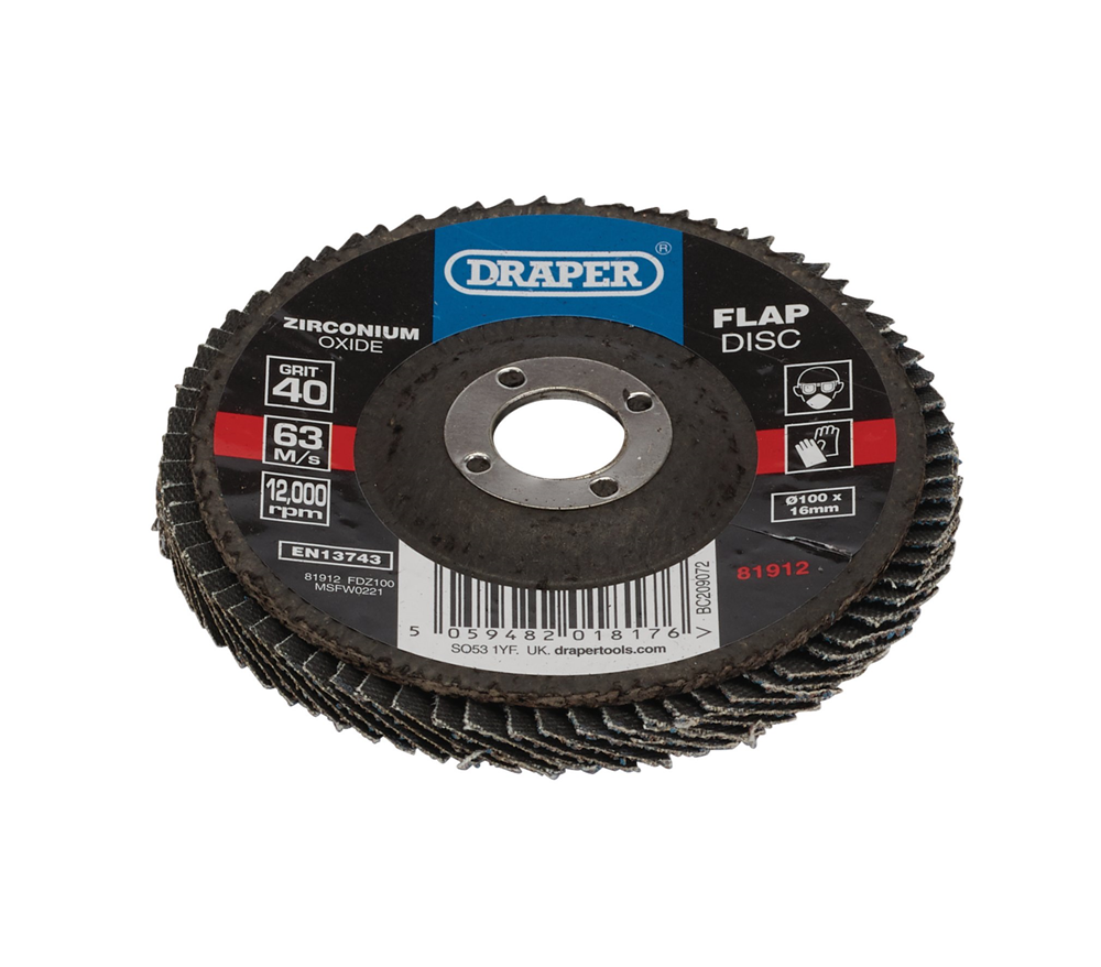 Draper 100MM FLAP DISC 40G ZR 81912 Zirconium Oxide Flap Disc, 100 x 16mm