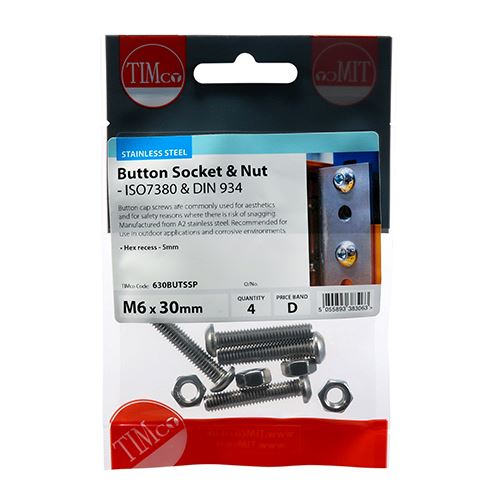 TIMCO Button Socket & Nut - A2 SS M6 x 30 Pack 4
