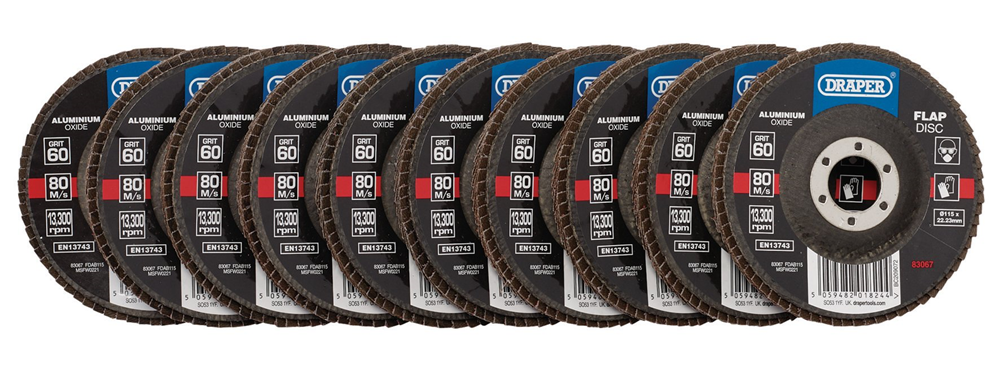 Draper Aluminium Oxide Flap Discs, 115 x 22.23mm (Pack of 10)83067 83067 Aluminium Oxide Flap Discs, 115 x 22.23mm (Pack of 10)