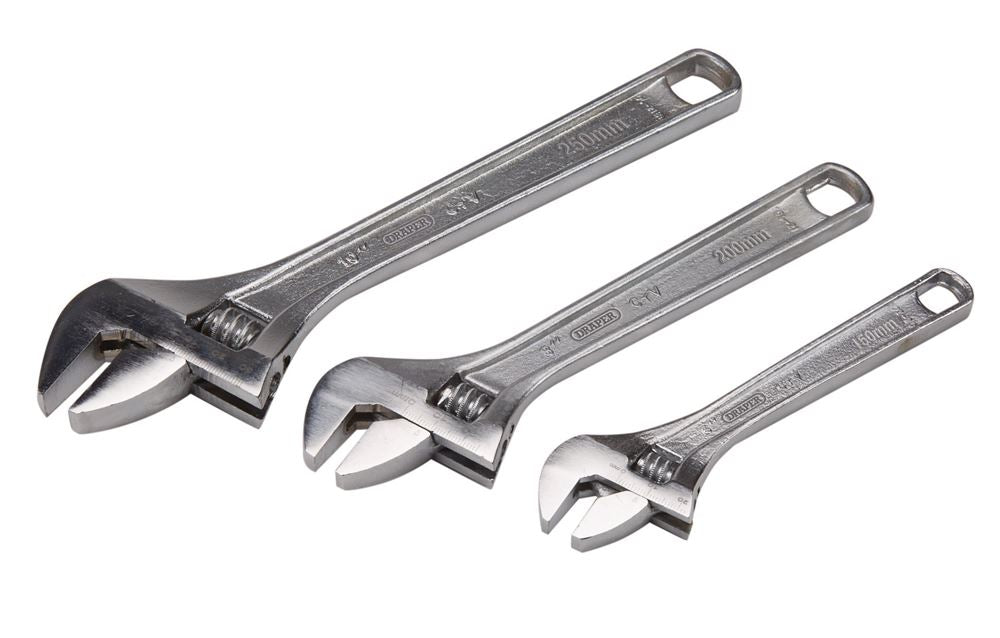 70409 Draper Adjustable Wrench Set (3 Piece) 371CP/3 Spanner/Wrench Adjustable Wrenches 150, 200 and 250mm Professional Trade DIY Workshop Garage Us