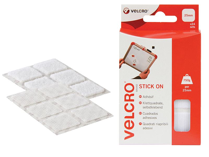 VELCRO 60235 Stick On Squares 25mm White (Pack 24)