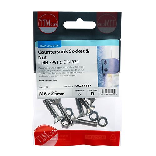TIMCO CSK Socket & Nut - A2 SS M6 x 25 Pack 6