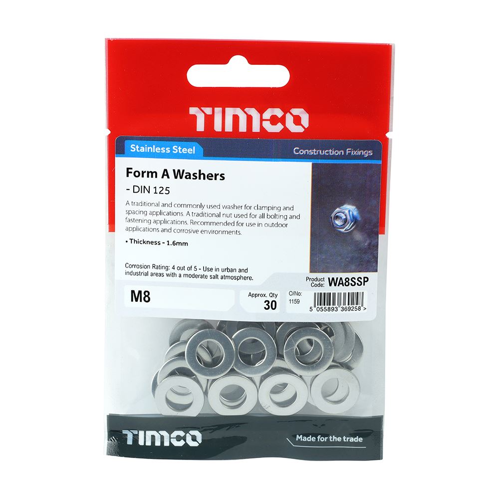 TIMCO Form A Washer DIN 125 - A2 SS M8 Pack 30