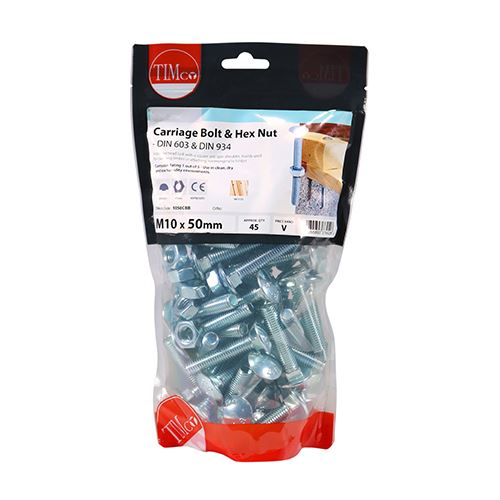 TIMCO Carriage Bolt & Hex Nut - BZP M10 x 50 Silver Pack 45