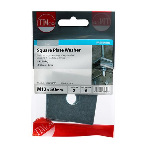 TIMCO Square Plate Washer - BZP M12 x 50 x 50 x 3 Silver Pack 2