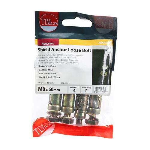 TIMCO Shield Anchor Loose Bolt - ZYP M8:10L (M8 x 60) Gold Pack 4