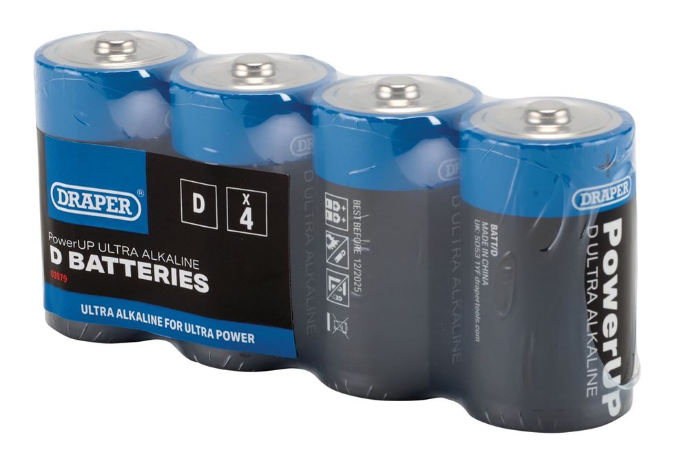 03979 Draper PowerUP Ultra Alkaline D Batteries (Pack of 4) BATT/D/4 Battery 61.5mm Professional Trade DIY Workshop Garage Use