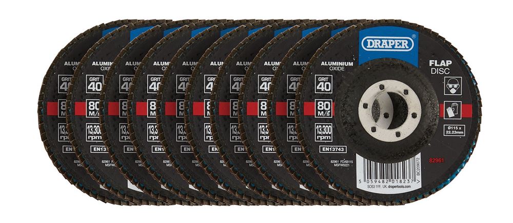 Draper Aluminium Oxide Flap Discs, 115 x 22.23mm (Pack of 10)82961 82961 Aluminium Oxide Flap Discs, 115 x 22.23mm (Pack of 10)