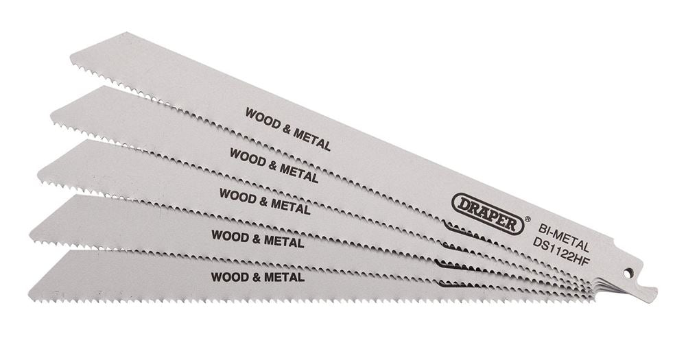 Draper RECIP SAW BLADE 5PCS - S1122HF 38754 Bi-metal Reciprocating Saw Blades for Multi-Purpose Cutting, 225mm, 10tpi (Pack of 5)
