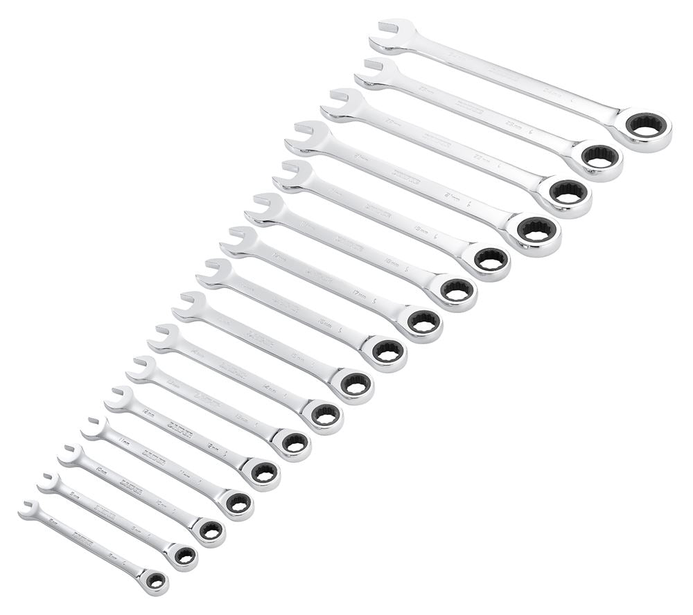 27690 Draper HI-TORQ Metric Ratchet Combination Spanner Set (16 Piece) 8230MM/16 Spanner/Wrench Ratchet Spanners Professional Trade DIY Workshop Gar