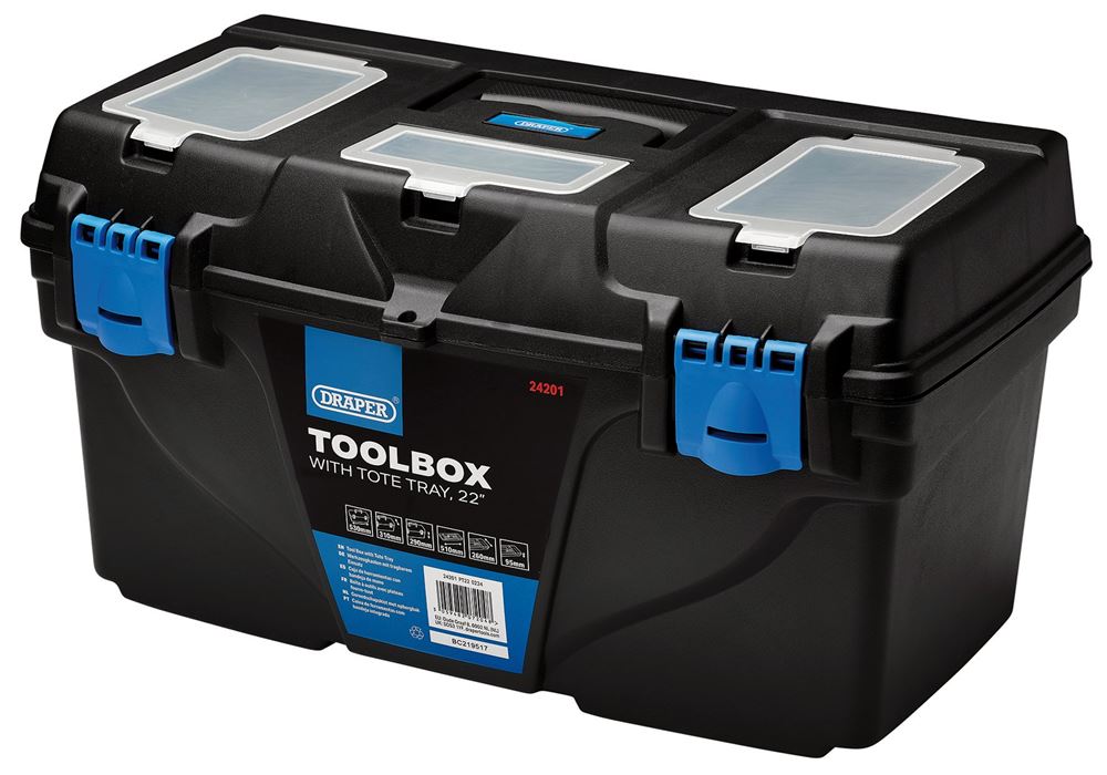Draper 22" PLASTIC TOOLBOX WITH TRAY Plastic Toolboxes with Tote Tray