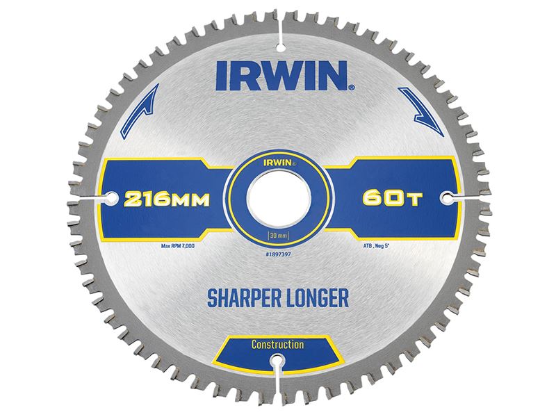 IRWIN® 1897397 Construction Mitre Circular Saw Blade 216 x 30mm x 60T ATB/Neg