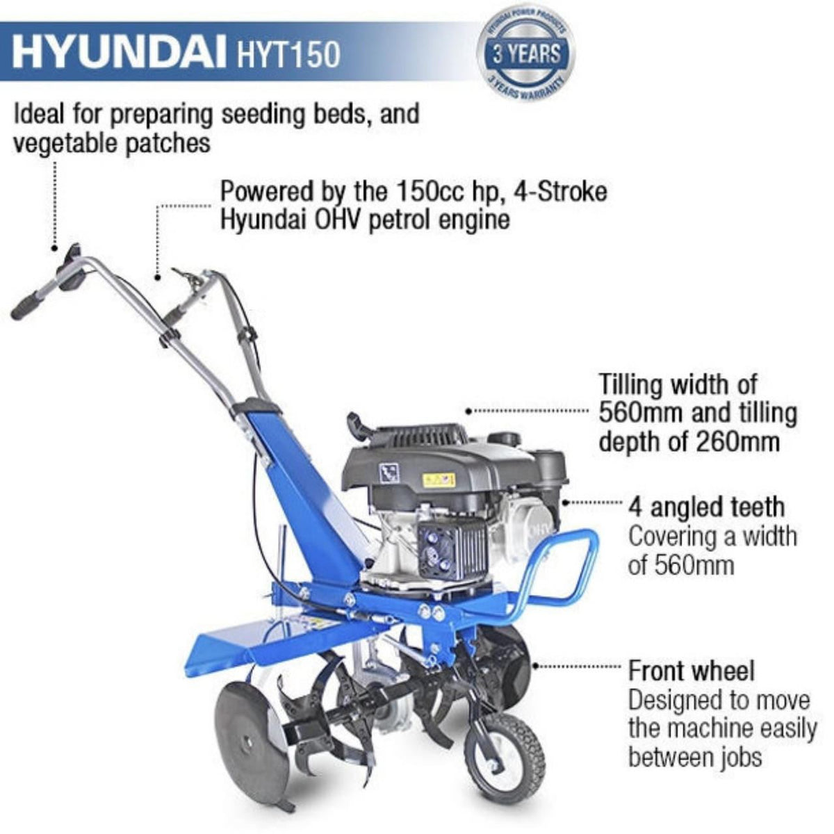Hyundai HYT150 Petrol Garden Tiller 2.7kW 150cc 4-Stroke Cultivator Rotavator Soil Cultivator Rotavator