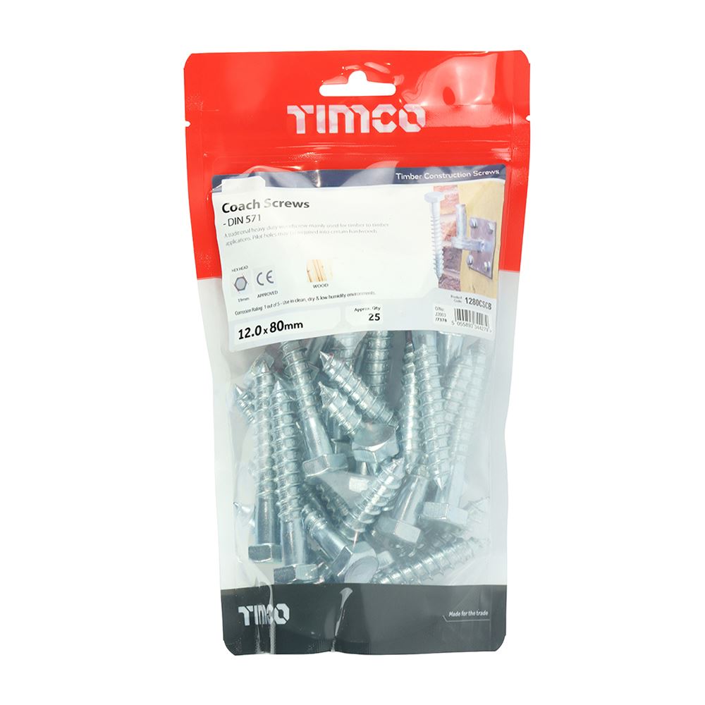 TIMCO Coach Screw DIN 571 - BZP 12.0 x 80 Silver Pack 25