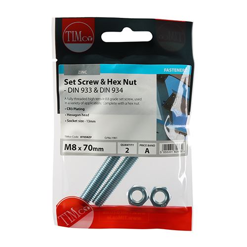TIMCO Set Screw & Hex Nut - BZP M8 x 70 Silver Pack 2