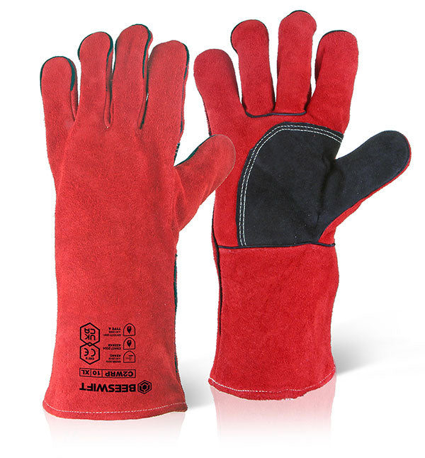 BEESWIFT WELDERS GAUNTLET GLOVES 14" REINFORCED PALM RED 14"